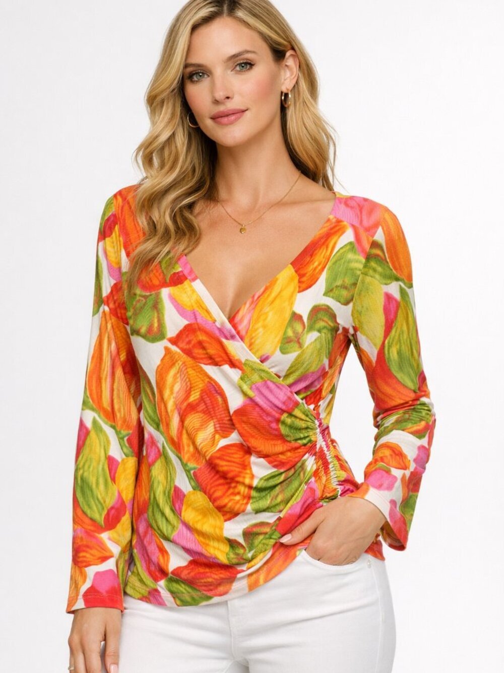 CAbi Tropical Floral Surplice Wrap Top Long Sleeve Ruched Size Medium